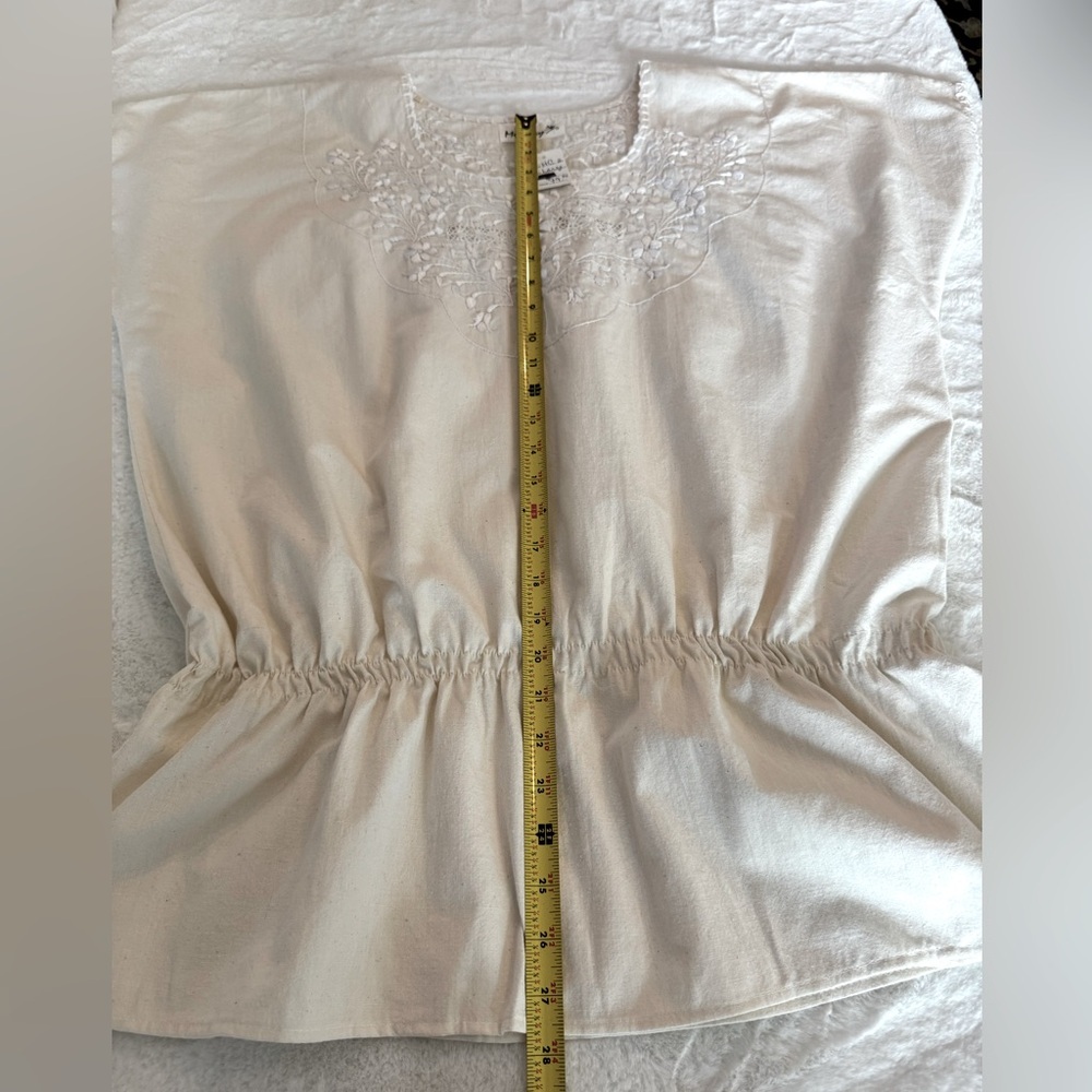 Memory Cream w/White Floral Embroidery 100% Cotton Cinched Waist Blouse- size L - Picture 14 of 14